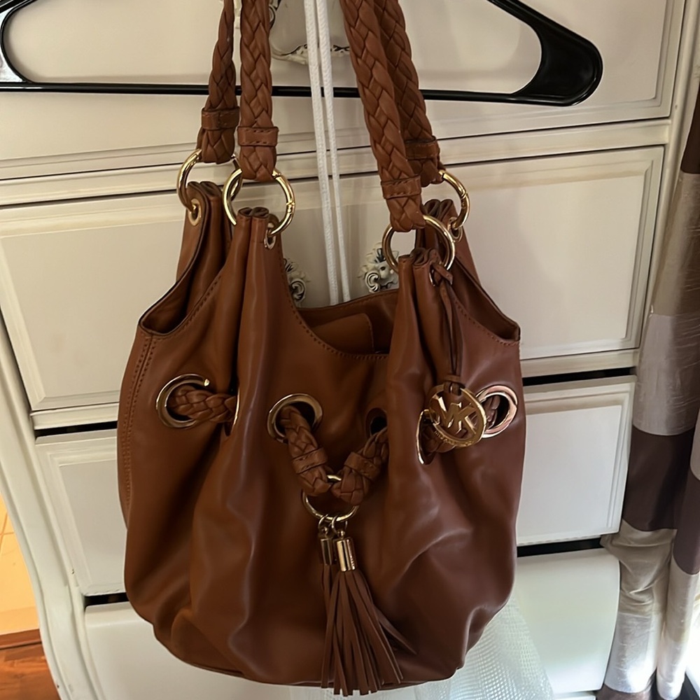 Beautiful chocolate brown leather, Michael Kors, braided tassel tote, like new